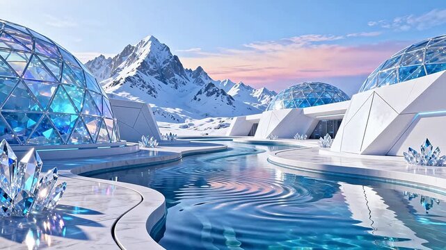 Futuristic domes with mountain backdrop