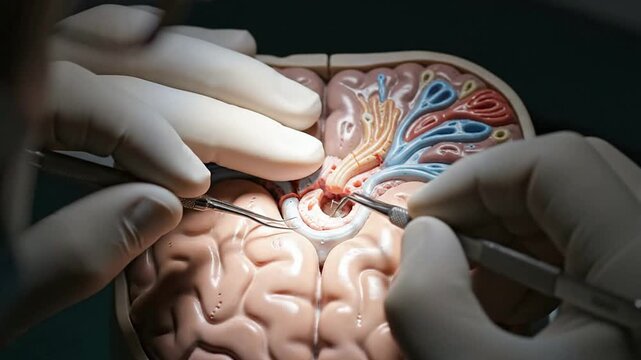 Detailed POV Surgery With Surgeon Hands Operating on a Brain Model Under Surgical Microscope Light Using Micro-Dissection Techniques