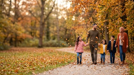 Fototapeta premium Happy family walking in park during autumn with falling leaves