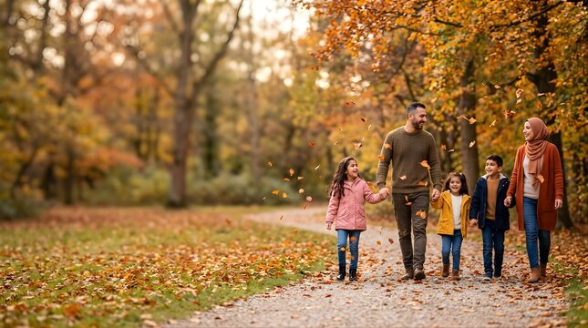 Happy family walking in park during autumn with falling leaves