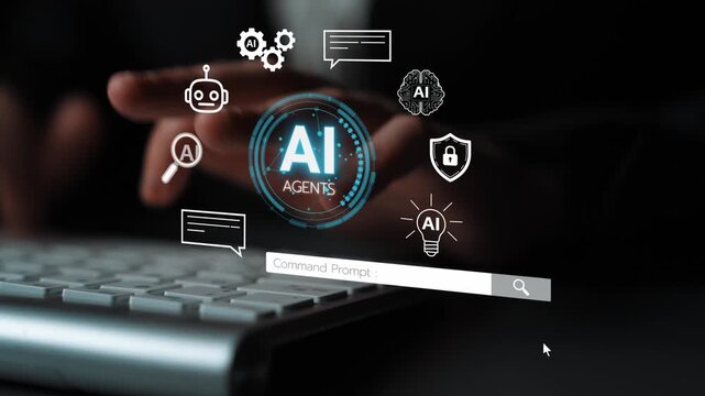 Futuristic Digital Interface with AI Agents, Command Prompt, and Diverse Technology Icons on a Modern Keyboard. Entropy.