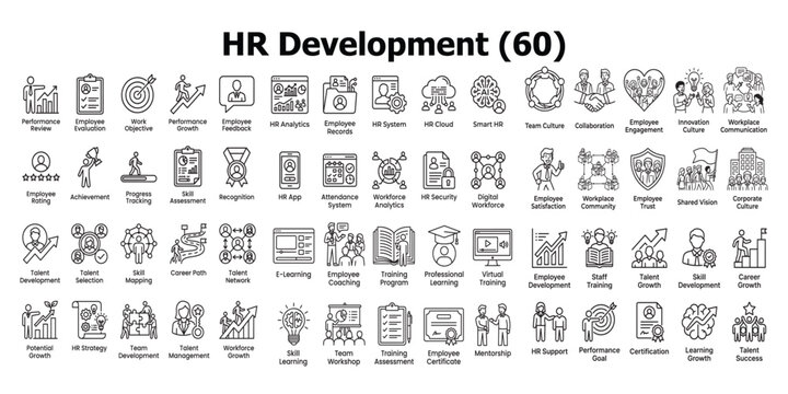 Human resources development icons set. Performance training growth and employee engagement concepts