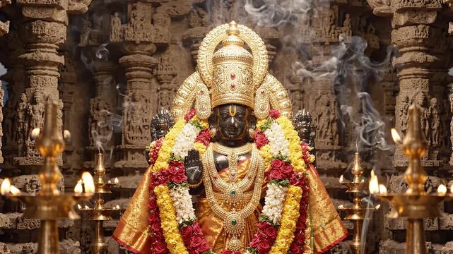Reverent Deity Idol of Lord Balaji Venkateswara in South Indian Temple Sanctum with Flickering Oil Lamps and Incense Smoke to Represent Hindu Spiritual Devotion and Religious Heritage Concept