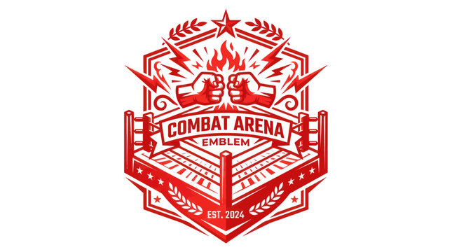 Red combat arena emblem with clashing fists over a boxing ring