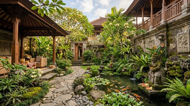 Authentic Bali Villa Architecture Featuring Stone Carvings