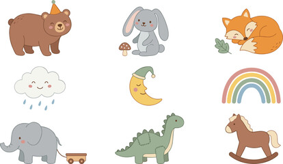 Obraz premium Cute Woodland and Nursery Animal Vector Icon Set with Bear, Bunny, Fox, Elephant, Dinosaur, Rainbow, Moon, and Cloud Elements for Kids Nursery Decor