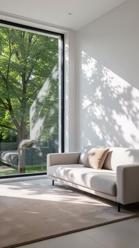 Bright minimalist living room interior with leaf shadows on white wall and large floor-to-ceiling window