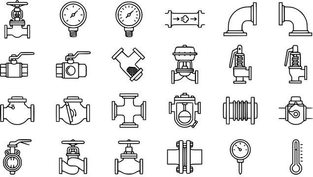 Industrial Engineering Piping Equipment Line Art Icons: Valves, Gauges, and Fittings for Process Control.