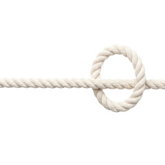 Fototapeta premium Close-up of a thick white rope tied in a perfect circle knot on a white background.