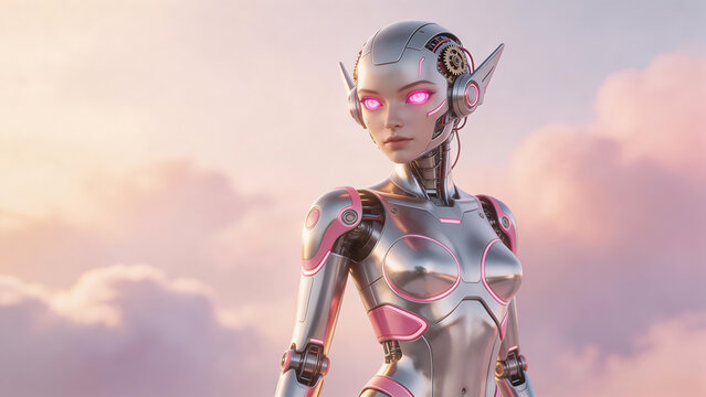 Futuristic female robot with glowing eyes