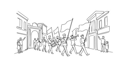 Obraz premium Marching Band Parade with Flags and Buildings, Line Art Illustration