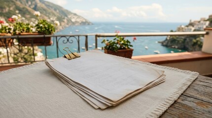 Fototapeta premium Serene Balcony View with Potted Plants and Ocean Horizon.