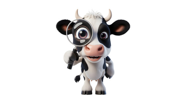 Cute funny cow character holding a magnifying glass isolated on transparent background