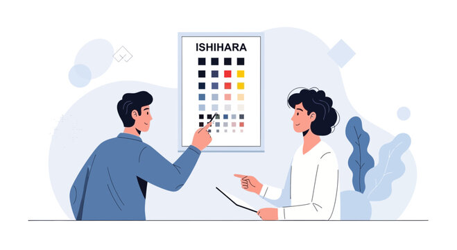 Doctor examining patient's color vision with Ishihara test chart
