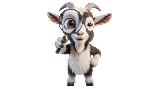 Cute funny goat character holding a magnifying glass isolated on transparent background png