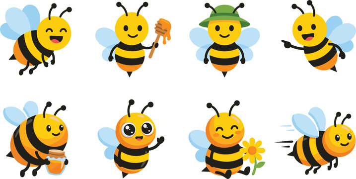 Cute Kawaii Bumble Bee Character Vector Icon Set with Honey Dipper, Jar, Flower, and Flying Poses for Kids Stationery and Graphic DesignsKeywords