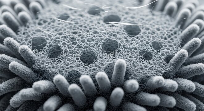 A close-up view of a textured surface covered in small bumps and holes