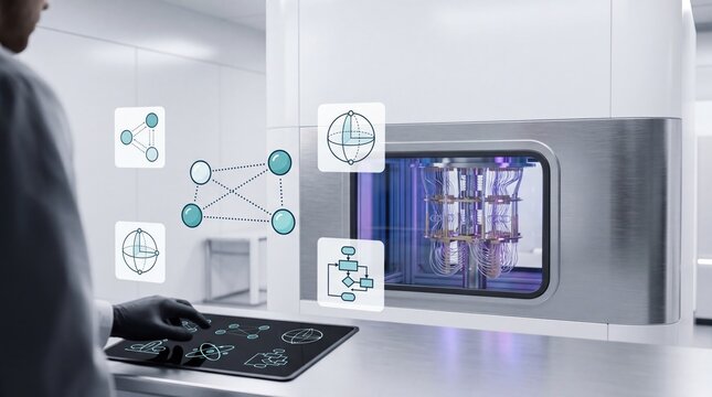 Scientist in lab coat using tablet to control futuristic quantum computer, holographic data interface, advanced AI technology, research and development, high-tech innovation