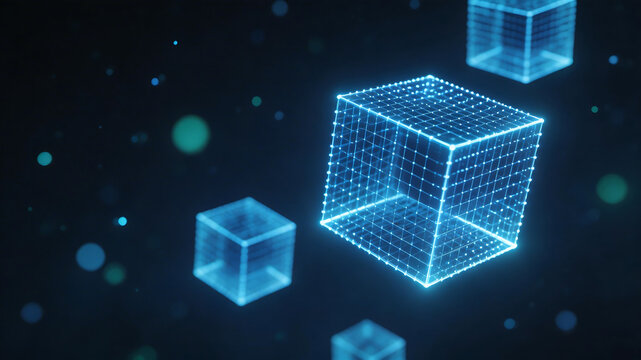 Blue glowing wireframe cubes in space