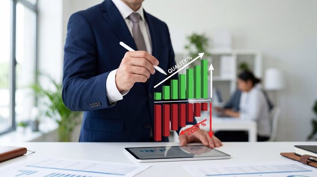 Businessman analyzing financial charts on tablet, quality increase and cost reduction graph, profit growth, economic success, strategic planning, corporate data analysis, office