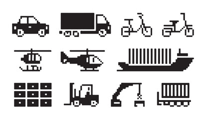 Fototapeta premium Logistics and shipping transport pixel icon collection for delivery cargo freight and vehicles.