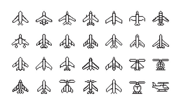 Extensive collection of aircraft and aviation icons showing diverse airplanes and helicopters.