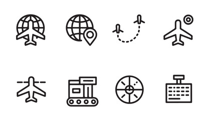 Set of modern airplane icons representing global travel and navigation for transport themes. © MDABDUR