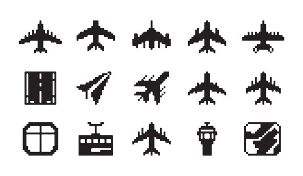 Modern aviation silhouette pixel art icons for airline scheduling and runway ground control.