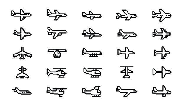 Comprehensive airplane and helicopter pixel icons set representing various flying machinery.