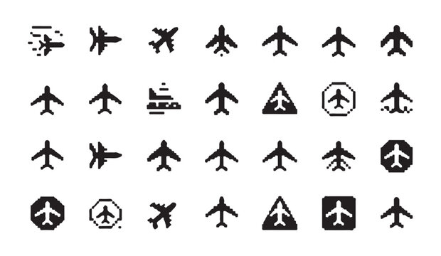 Collection of pixel art airplane icons in various styles and angles for digital projects.