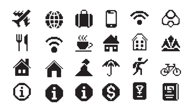 Various pixel art travel, technology, and general information icons for digital interfaces.