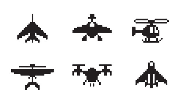 Collection of various pixel art aircraft and helicopter silhouettes for digital designs.