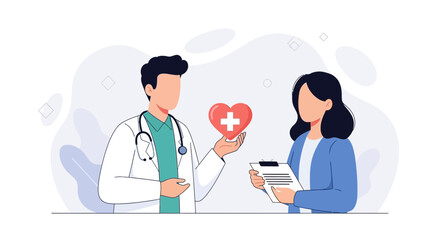 Fototapeta premium Doctor Holds Heart with Medical Symbol, Patient Consults Chart - Modern Healthcare Illustration