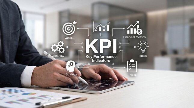 Businessman analyzing kpi on tablet, key performance indicators concept, business analytics dashboard, strategic planning, financial metrics, growth charts, workflow optimization,