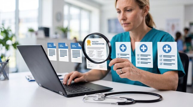 Female nurse reviewing facility accreditation documents with magnifying glass, healthcare quality assurance and medical audit concept