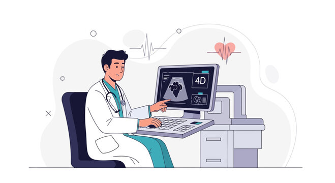 Doctor Operating 4D Ultrasound Machine for Medical Scan and Diagnosis