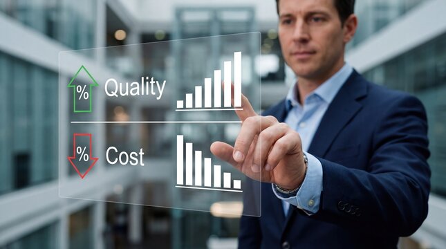 Business man touching virtual screen showing quality increase cost decrease bar chart efficiency improvement strategy for corporate financial management success.