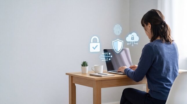 Woman working laptop cyber security, remote office worker typing computer, data protection shield icon, cloud storage lock privacy, fingerprint biometric authentication, secure