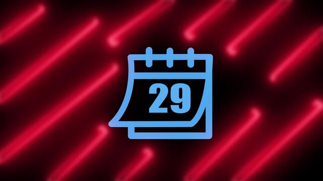 Calendar icon animation showing day 29 on neon red background motion graphic