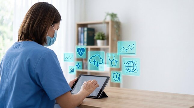 Female doctor in scrubs using tablet for telemedicine, virtual healthcare consultation, medical data icons, cloud computing, remote patient monitoring, digital health records and