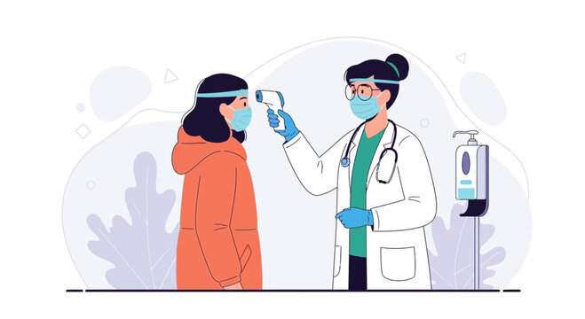 Doctor measures patient's temperature with infrared thermometer, healthcare screening and COVID-19 prevention concept