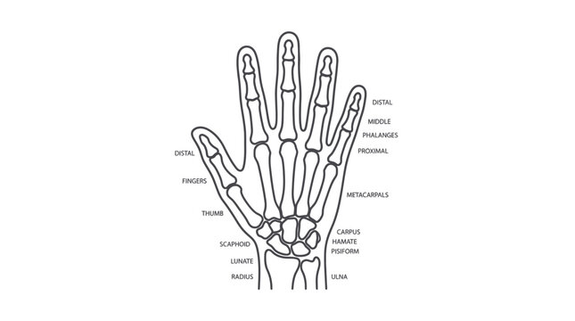 Anatomical Illustration of Human Hand Skeleton with Labels