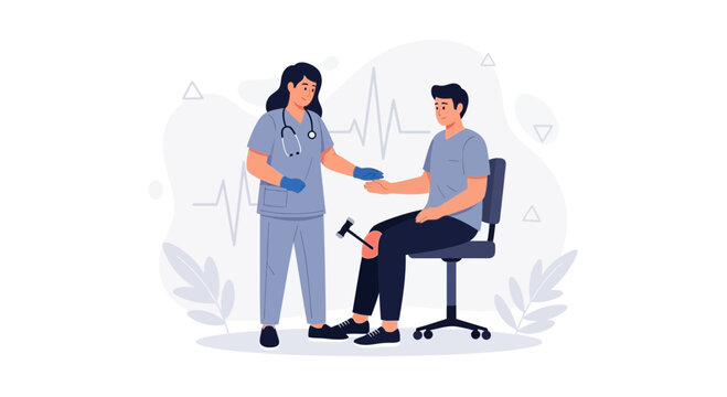 Doctor performing reflex test on patient's knee with reflex hammer, modern flat illustration