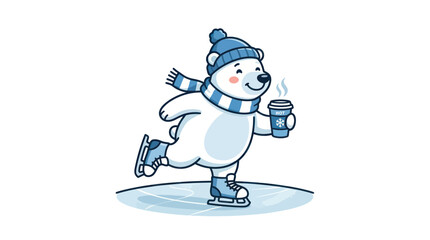 Cute cartoon polar bear ice skating with hot drink © selang