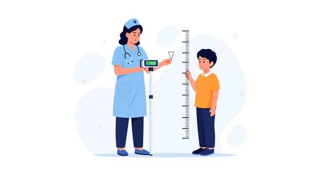 Doctor measuring child's height with stadiometer at clinic, healthcare check-up concept