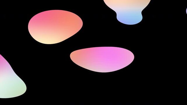 Looping motion graphics of abstract pastel gradient fluid shapes floating dynamically, colorful holographic liquid blobs animation isolated on a transparent background with alpha channel