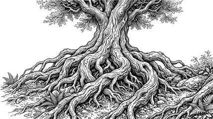 Vintage oak tree roots engraving, detailed black and white botanical illustration, ancient tree trunk with sprawling root system, hand drawn vector art © usman
