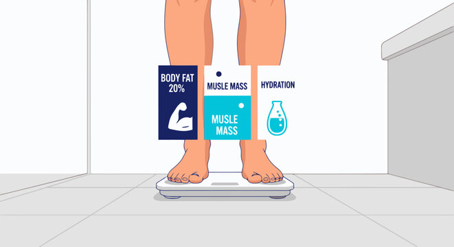 Person standing on smart scale displaying body composition data.