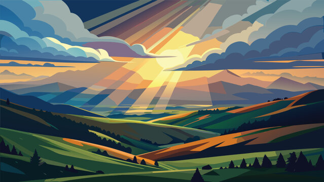 Dramatic sun rays breaking through clouds over mountain landscape with fields rolling hills god rays sunlight mountains landscape agriculture pastoral illustration peaceful tranquil
