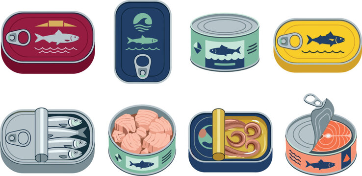 Canned Seafood Vector Icon Set Featuring Sardines, Tuna, Salmon, and Octopus Tin Packagings for Grocery Grocery Retail, Food Industry, and Kitchen Designs